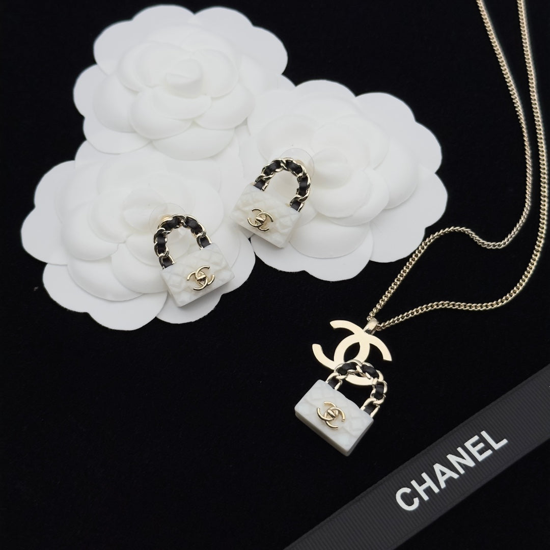 Quilted Mini Bag Charm Necklace & Earrings Set