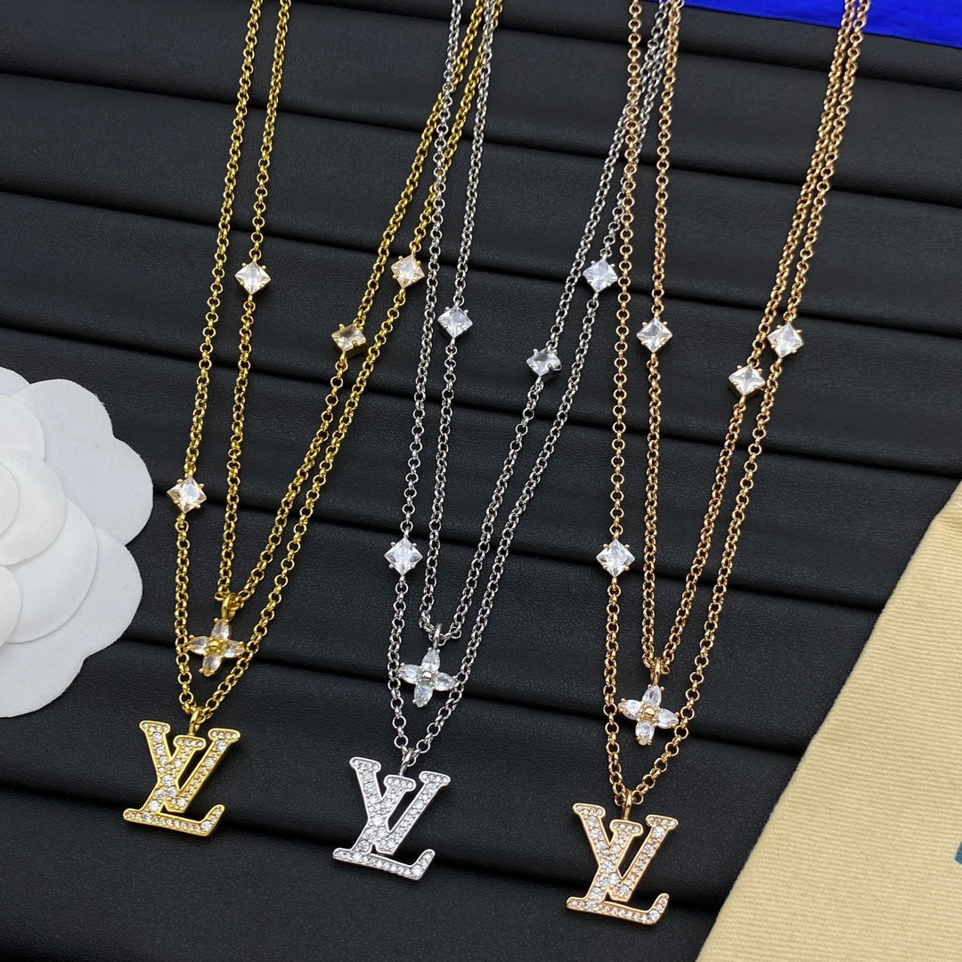 Princess Cut CZ Station & Four-Petal Flower Double Layer Long Necklace