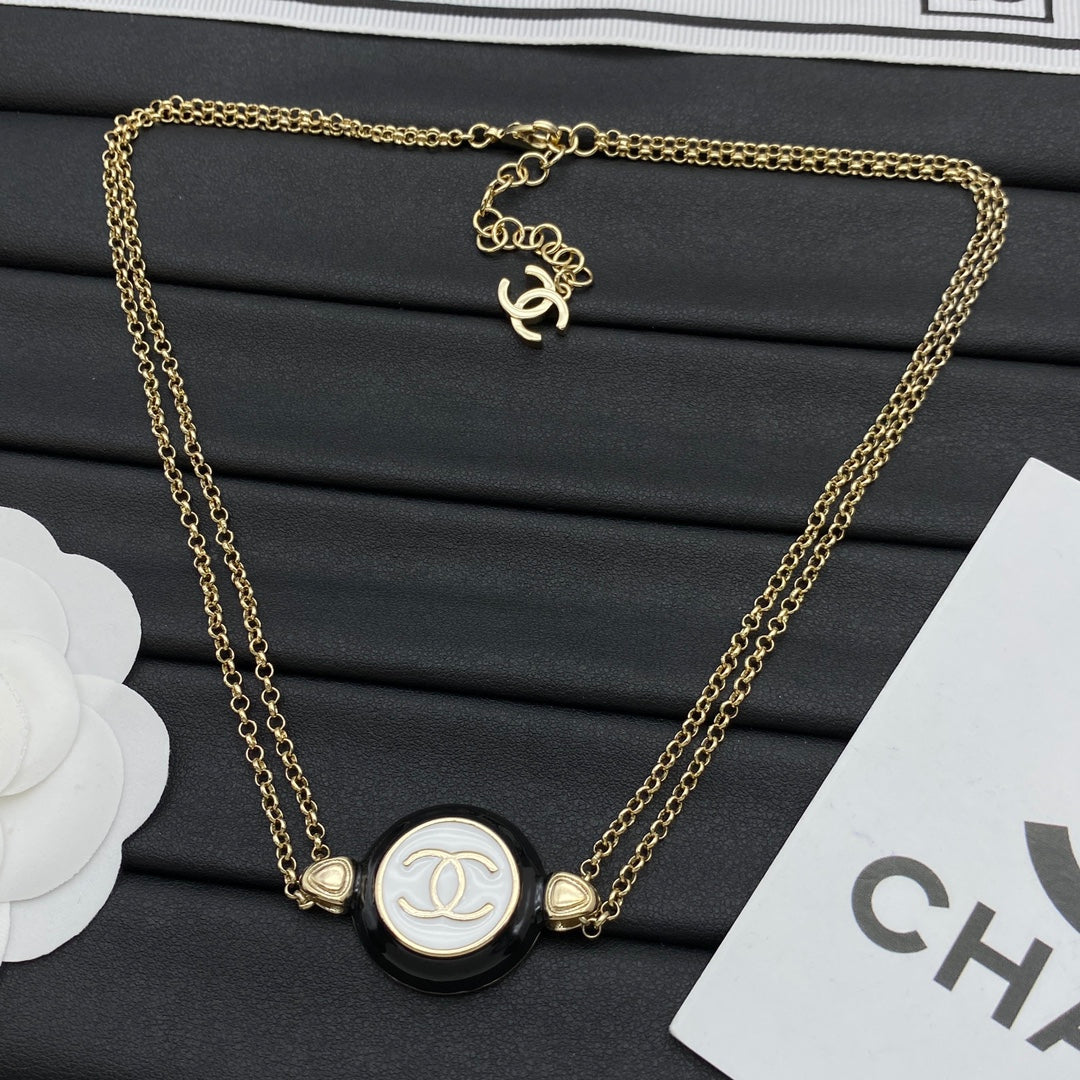 Black & White CC Round Disc Double Chain Necklace & Bracelet Set