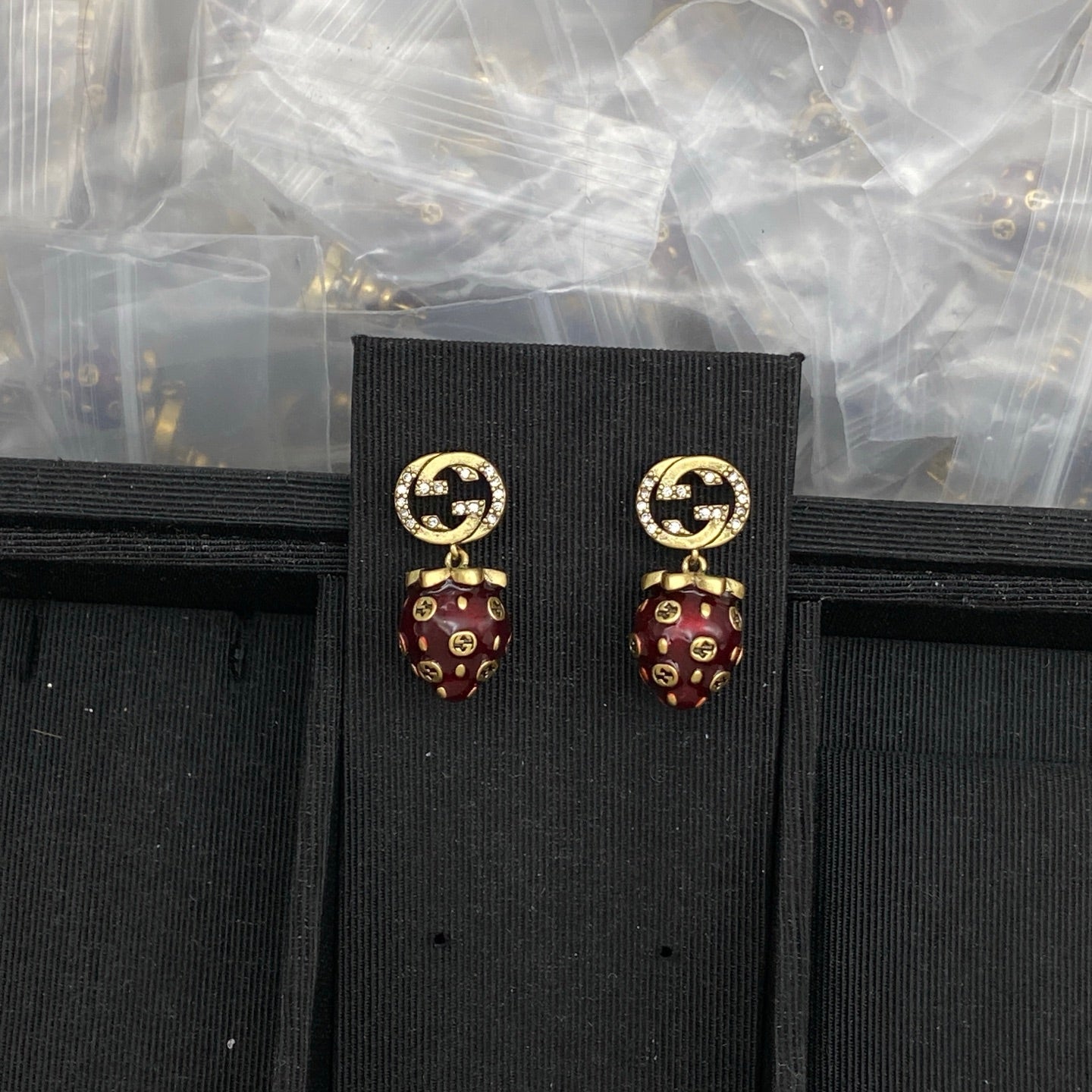 Burgundy Strawberry Jewelry Set with Gold Chain-Necklace, Bracelet, Earring