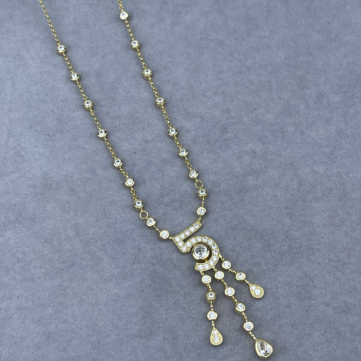 Crystal Bezel Station Chain Number Tassel Necklace