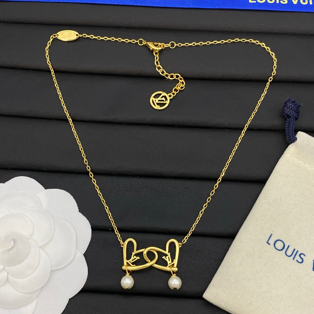 Interlocking Double Heart Pearl Drop Necklace & Bracelet Set