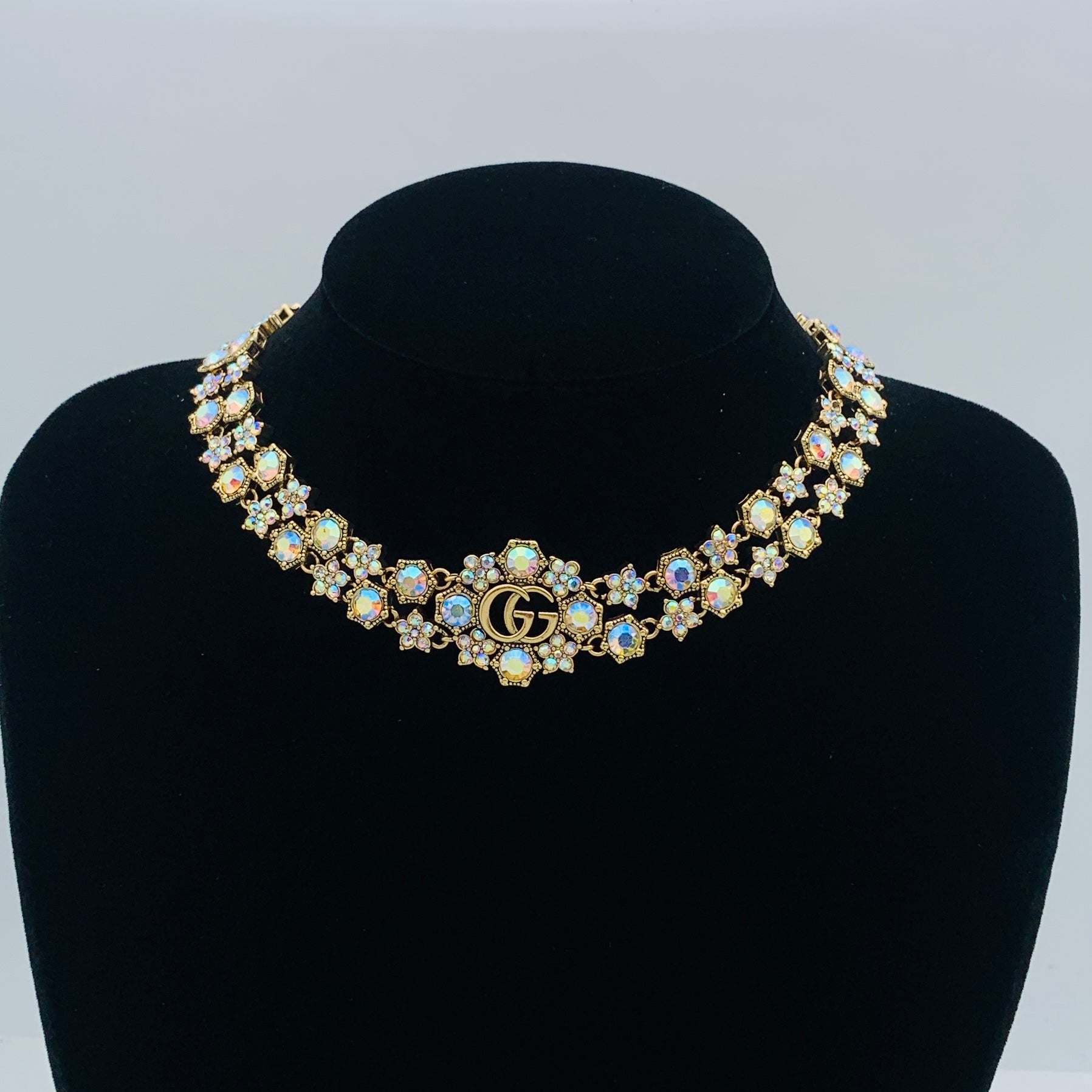 Vintage Aurora Crystal Flower Double Ring Logo Jewelry Set