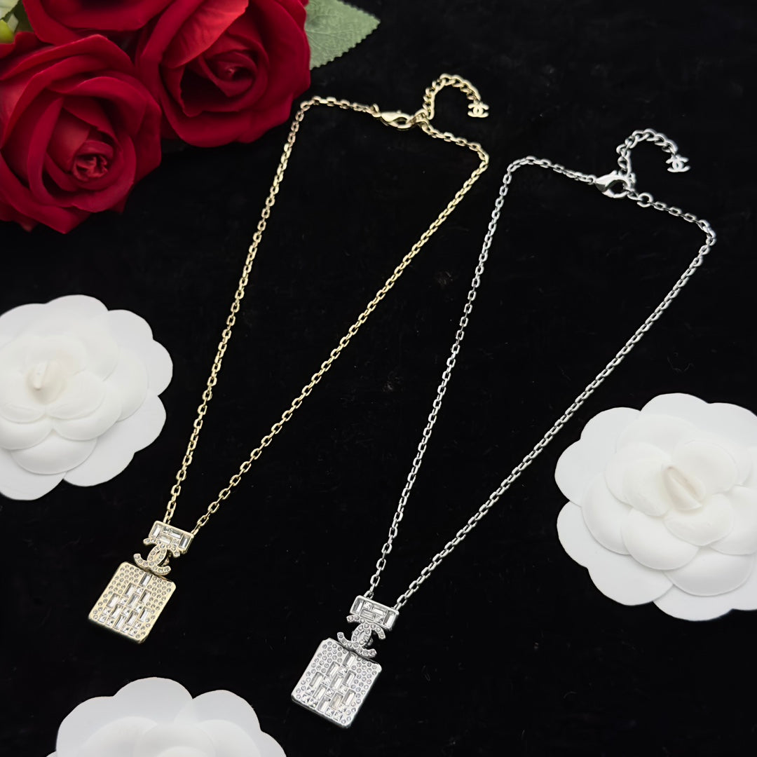 Crystal Perfume Bottle Rectangle Pendant Necklace