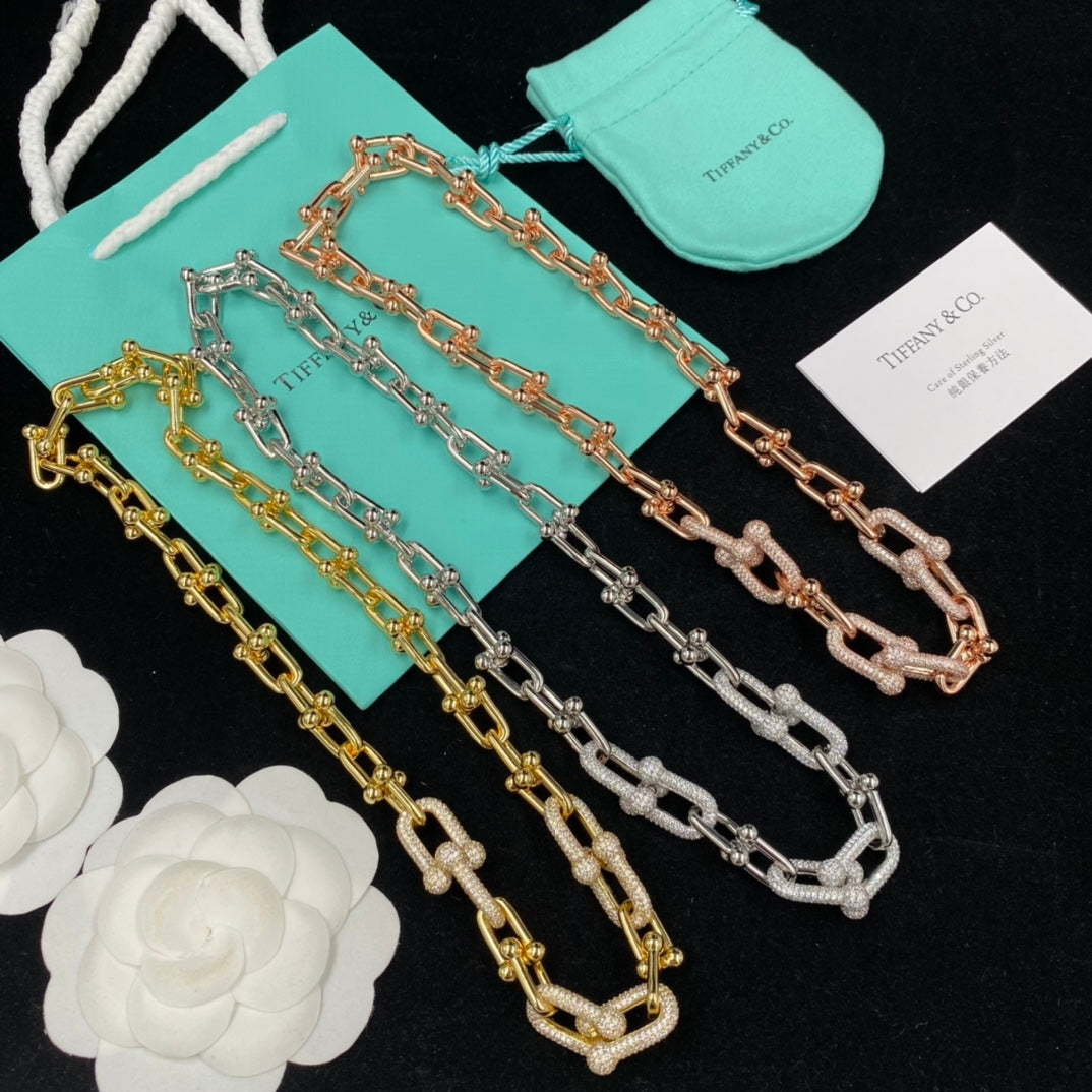 Ball Stud Link Chain Pavé U-Clasp Necklace – Gold, Silver, Rose Gold