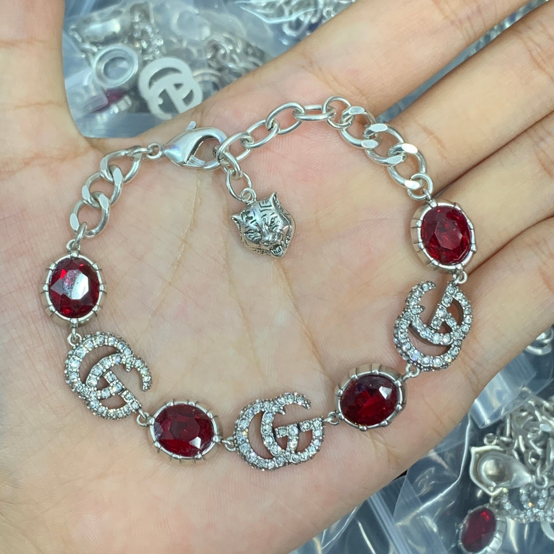 Crimson Crystal Pavé Logo Station Necklace & Bracelet Set with Drop Earrings