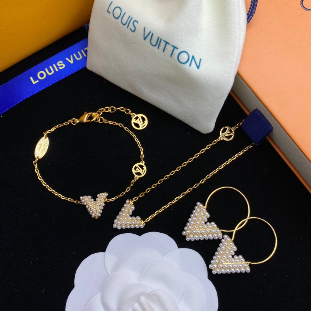Pearl-Encrusted V Monogram Necklace, Bracelet & Hoop Earring Set