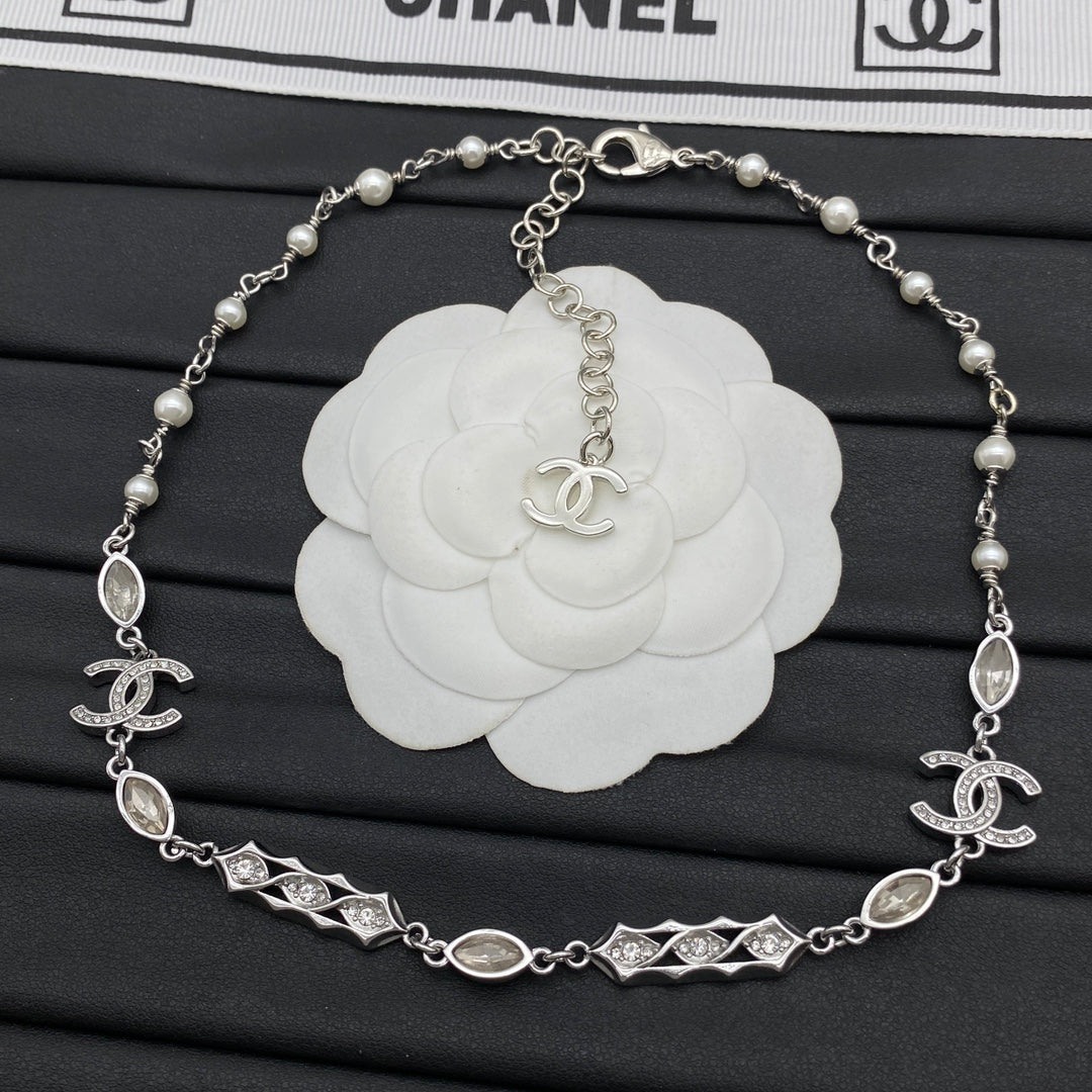 Pearl & Crystal Diamond-Link CC Charm Station Necklace – Gold & Silver