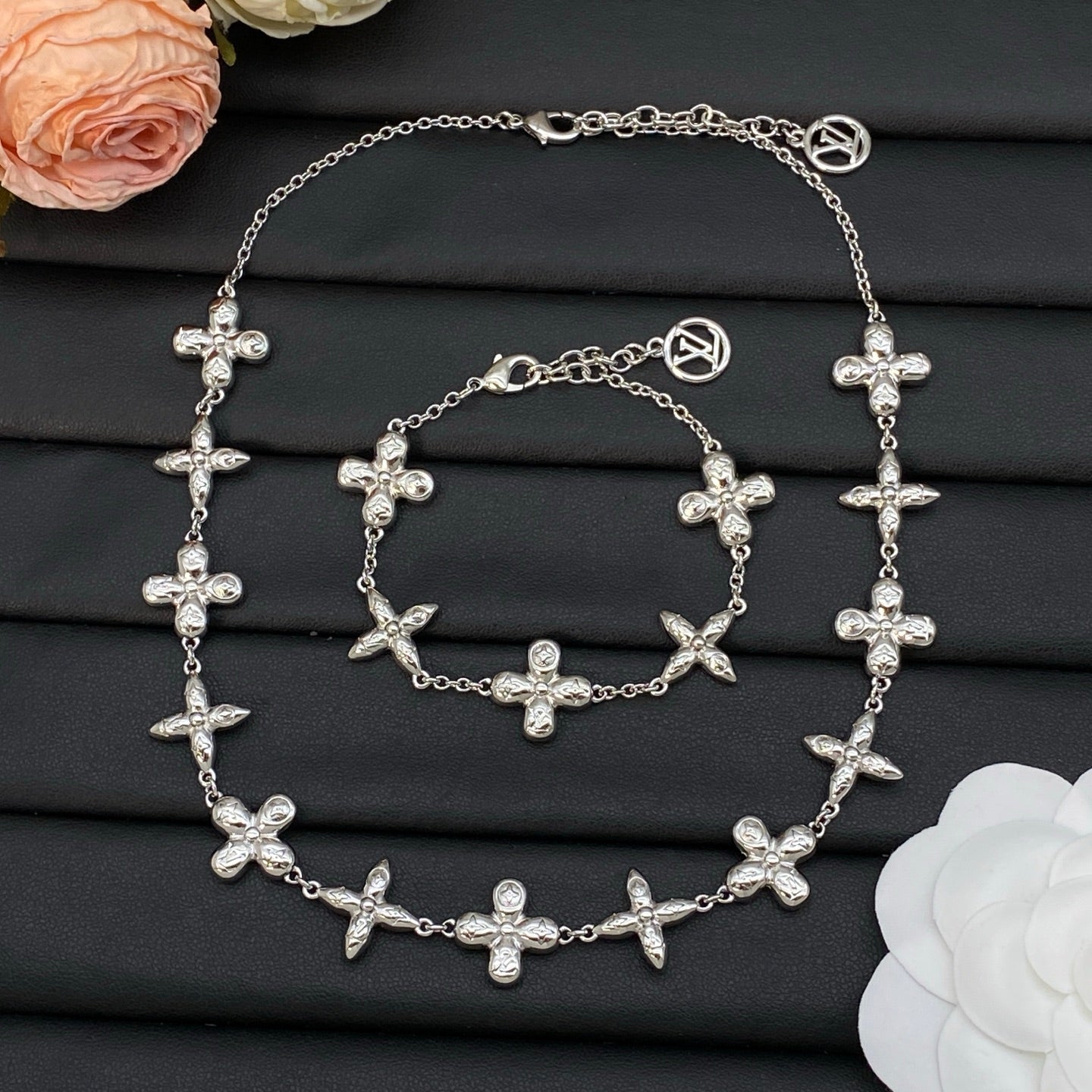 Embossed Four-Petal Flower Station Necklace & Bracelet Set