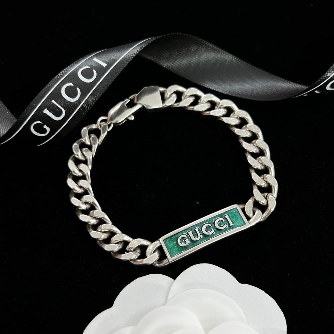 Green Enamel Logo Bar Cuban Chain Jewelry Set