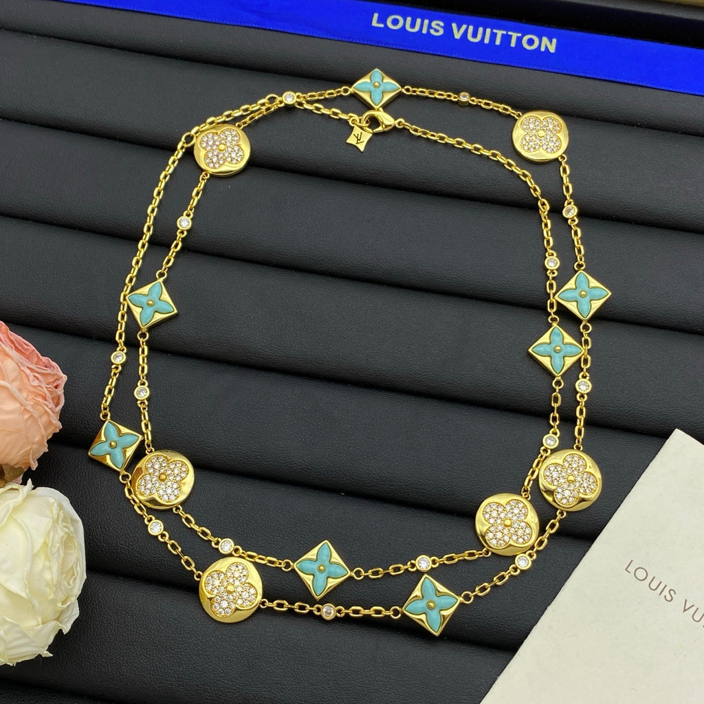 Turquoise Enamel Four-Petal & Pavé Coin Double Layer Long Station Necklace