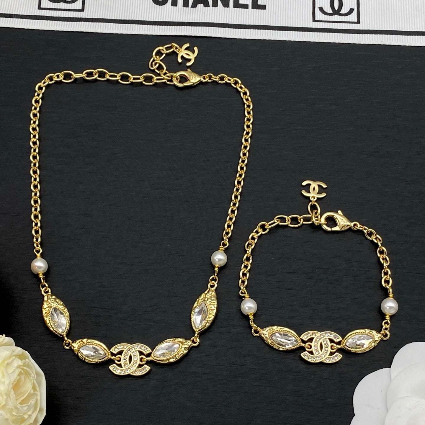 Marquise Crystal & Pearl Charm Necklace & Bracelet Set | Gold-Tone
