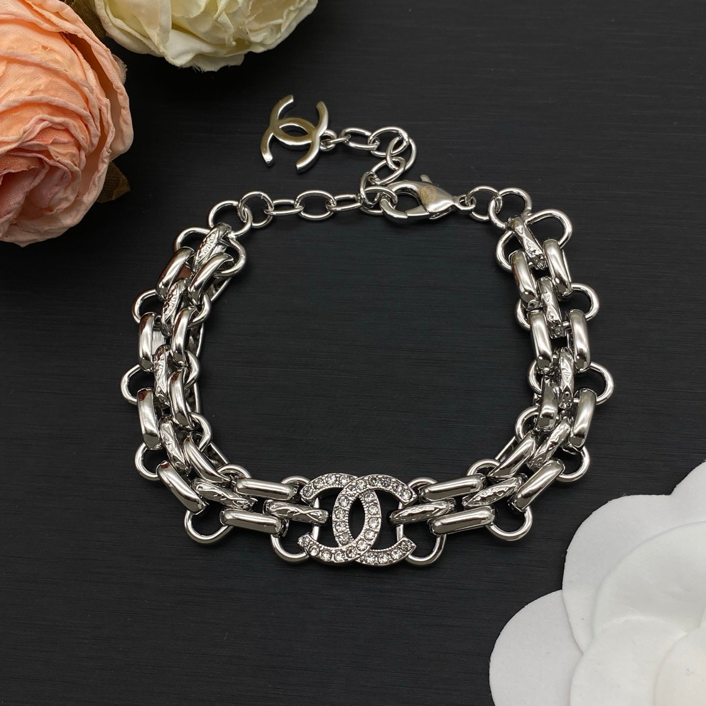 Triple-Row Chain Link Necklace & Bracelet Set | Crystal Logo