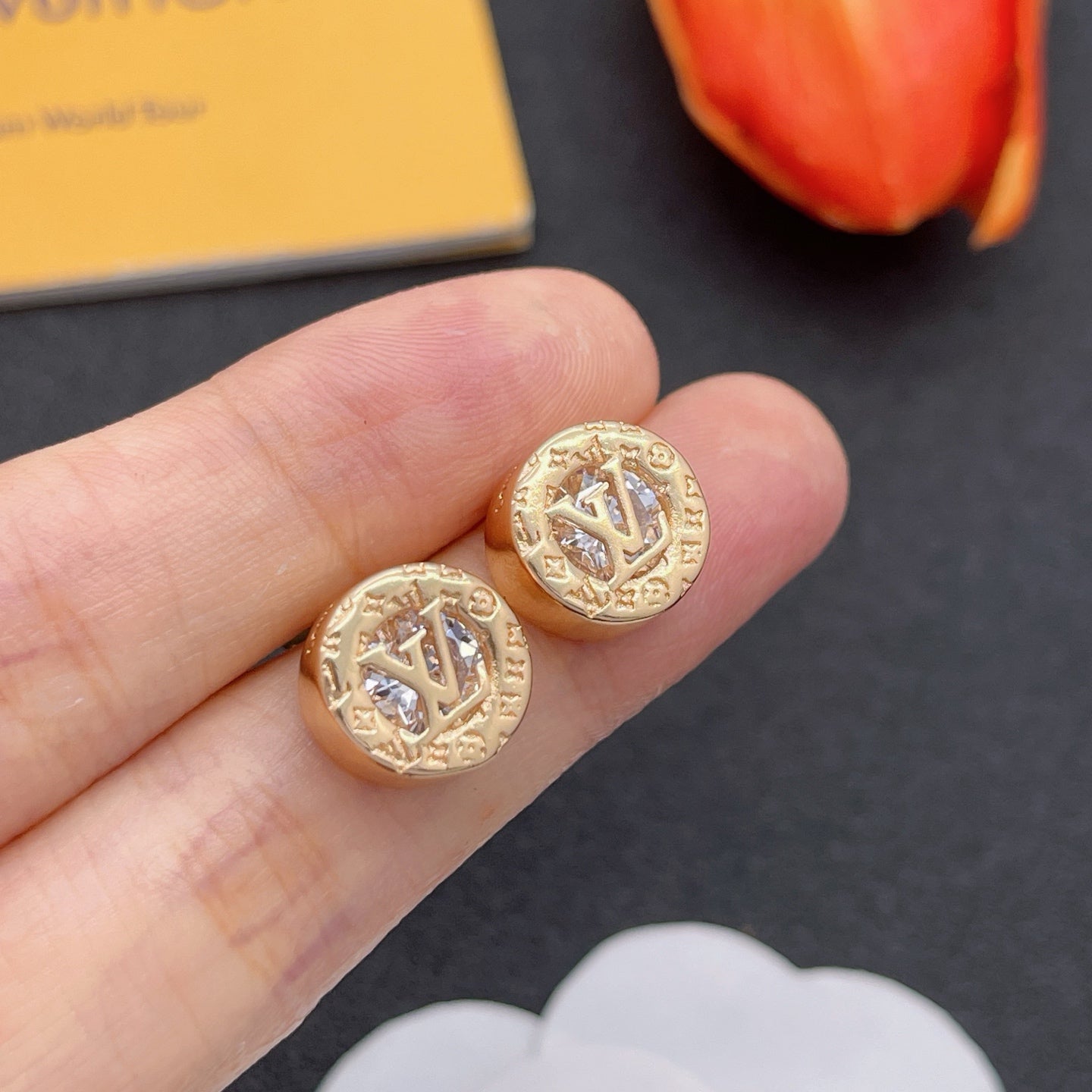 Vintage Embossed Monogram Medallion Necklace & Earring Set
