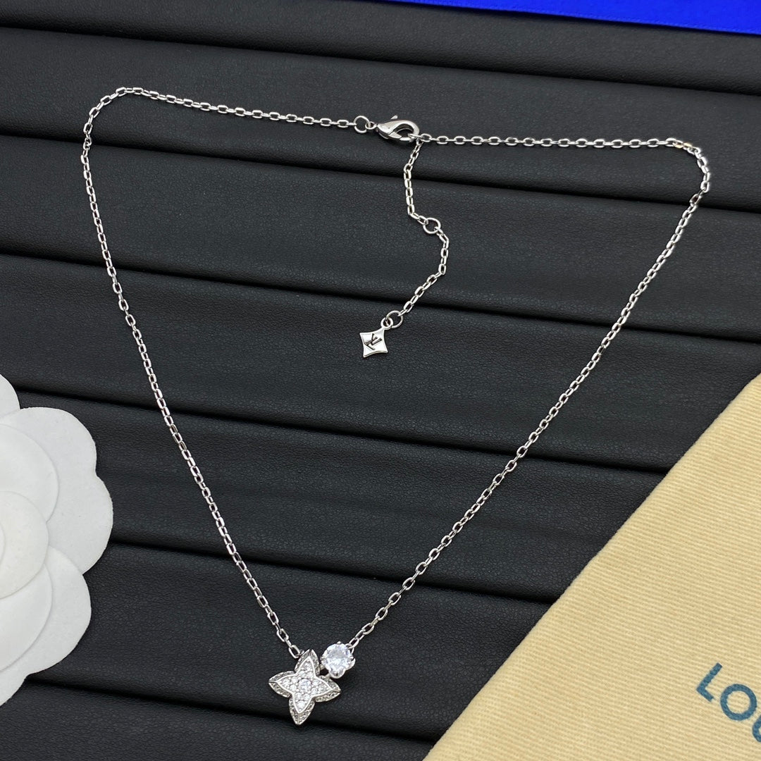 Dainty Pavé Four-Petal Flower & CZ Drop Pendant Necklace