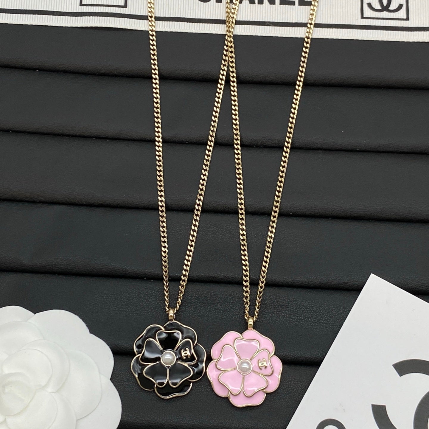 Enamel Camellia Flower Pendant Necklace | Pearl & Logo Center | Curb Chain | Black & Pink