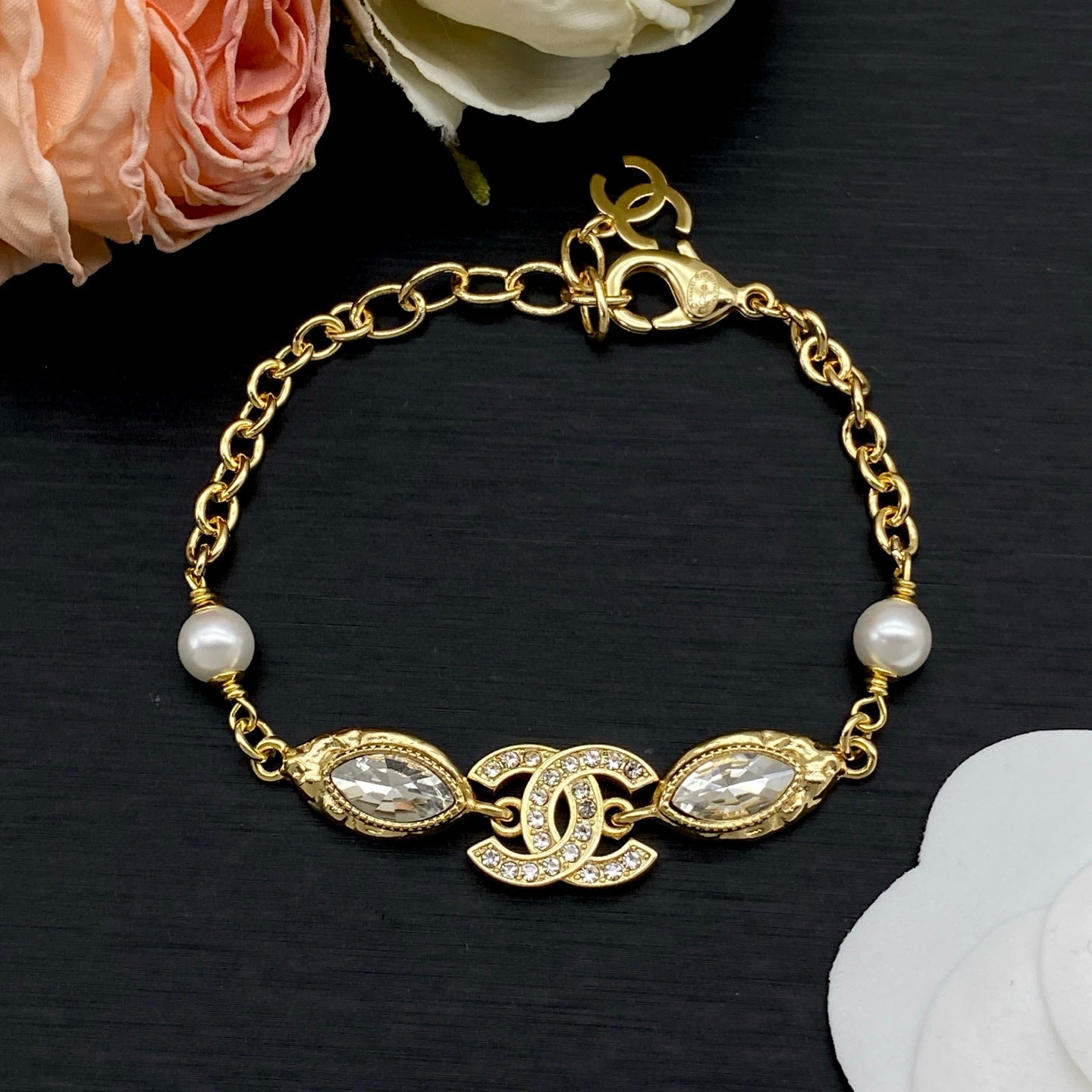 Marquise Crystal & Pearl Charm Necklace & Bracelet Set | Gold-Tone