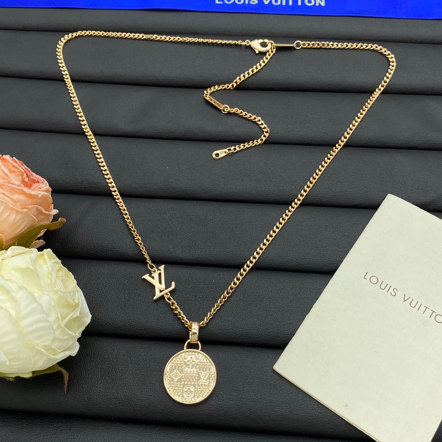 Embossed Monogram Coin Disc Pendant Cuban Chain Necklace