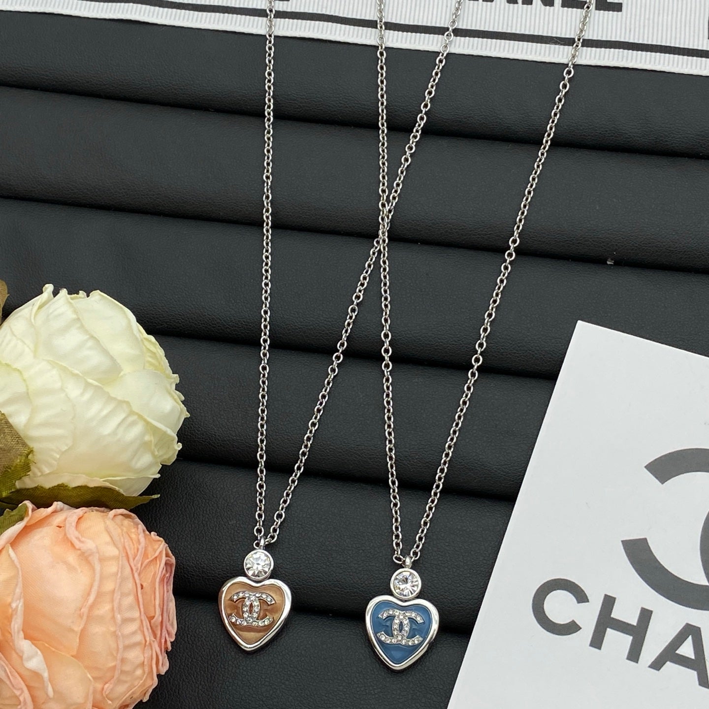 Enamel Heart & Crystal Drop Pendant Necklace – Beige & Navy Blue