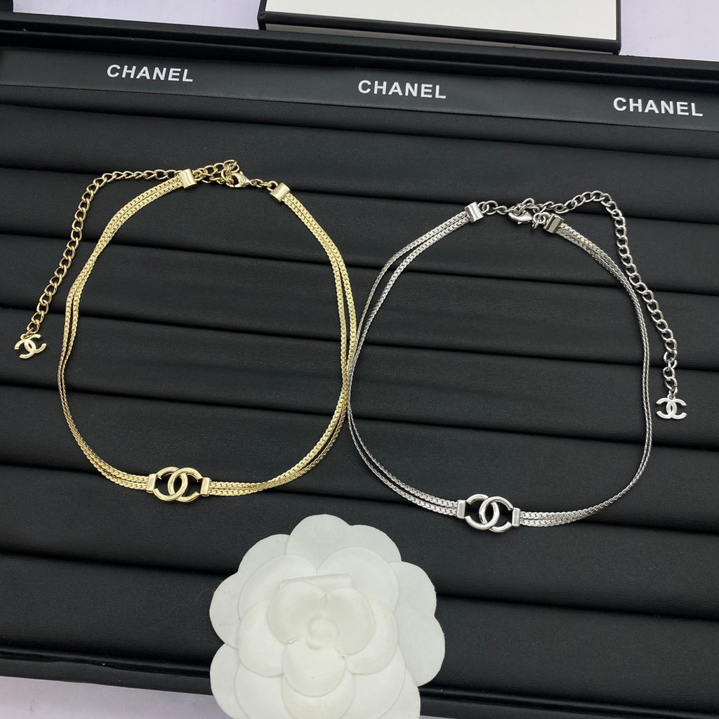 CC Ring Clasp Double-Strand Flat Chain Choker Necklace – Gold & Silver