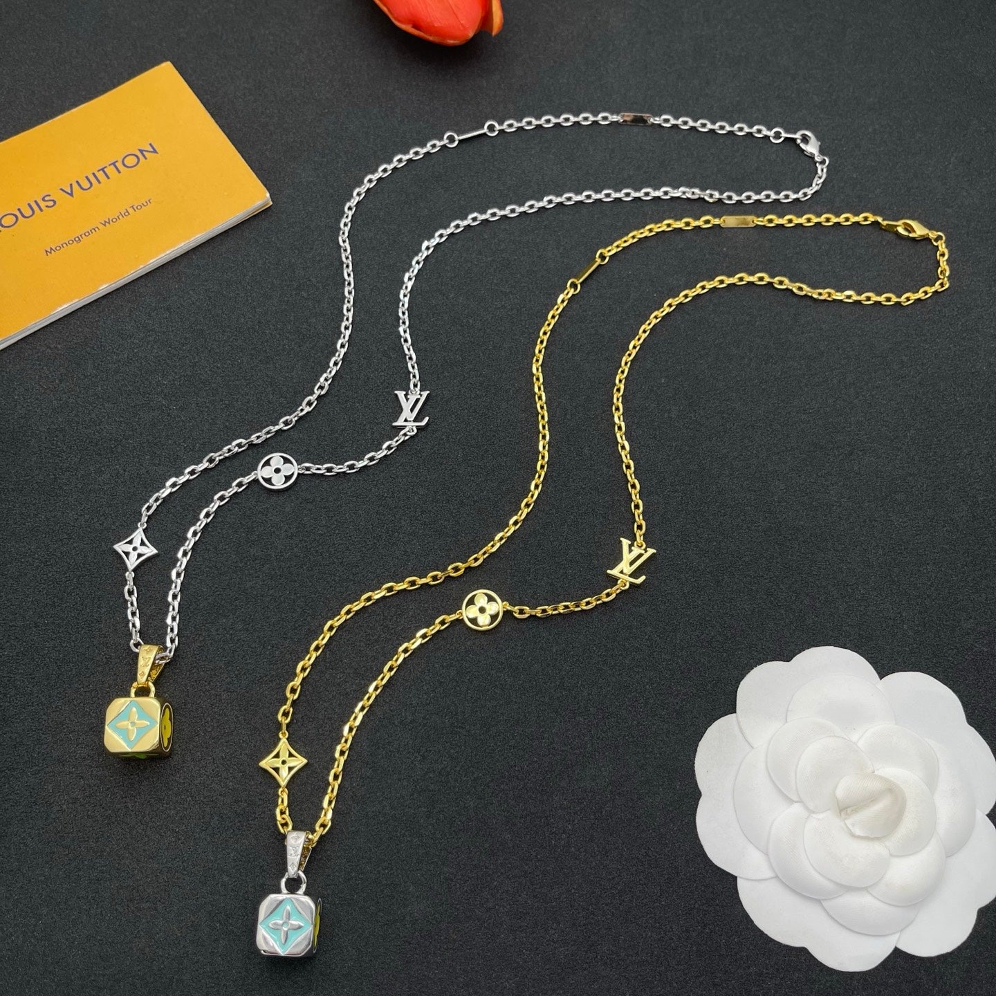 Floral Cube Charm Station Chain Necklace