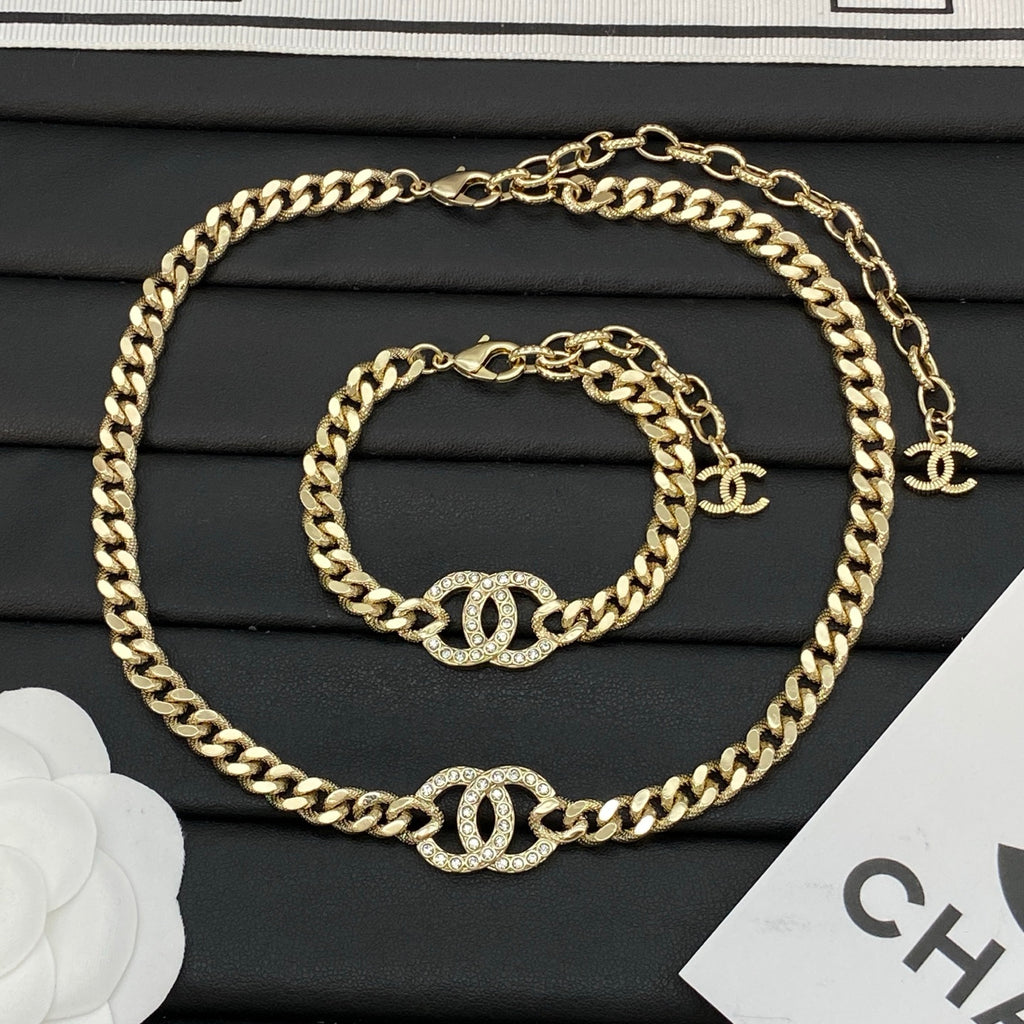 Chunky Cuban Chain Necklace & Bracelet Set | Crystal Pavé Logo Center Link | Gold-Tone