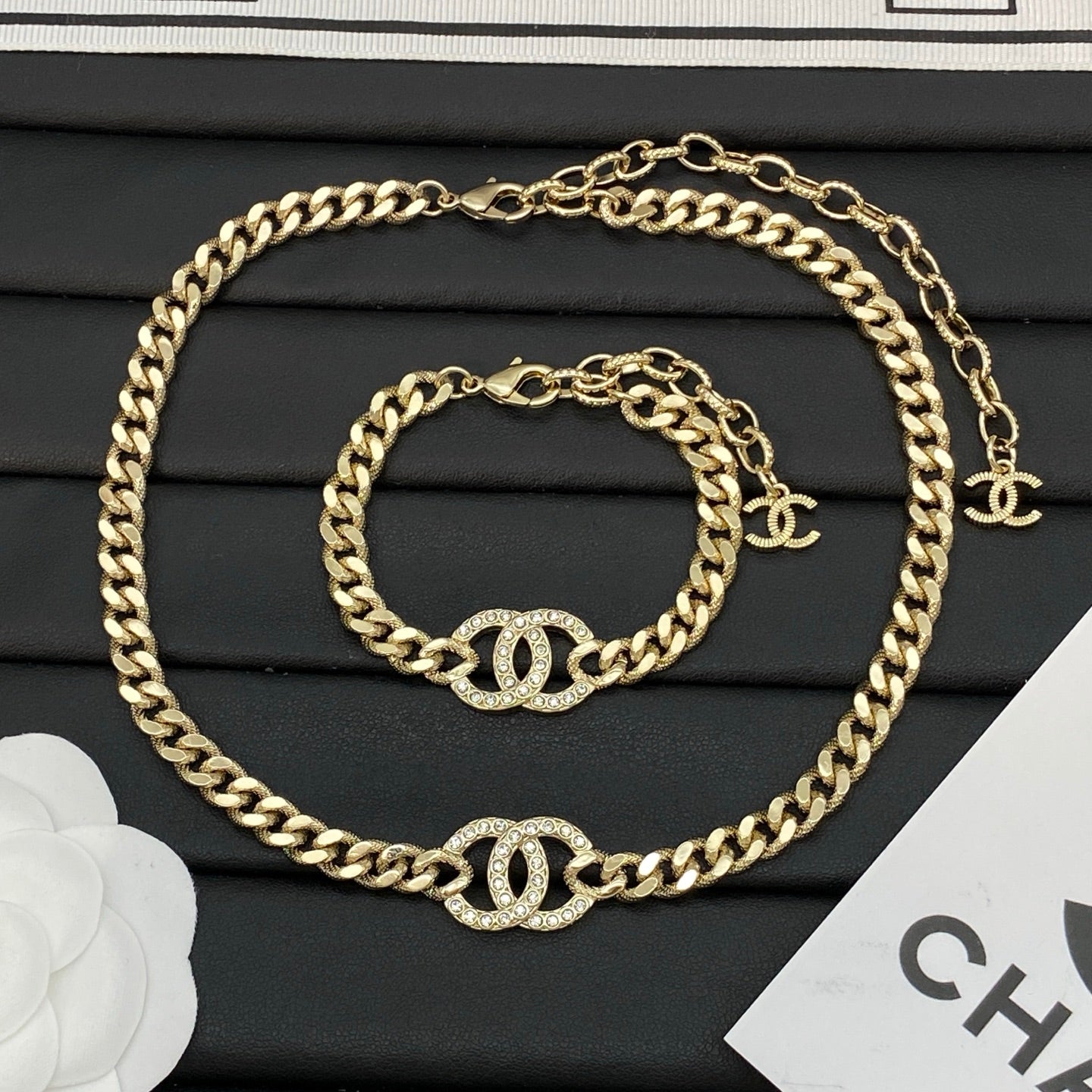 Chunky Cuban Chain Necklace & Bracelet Set | Crystal Pavé Logo Center Link | Gold-Tone