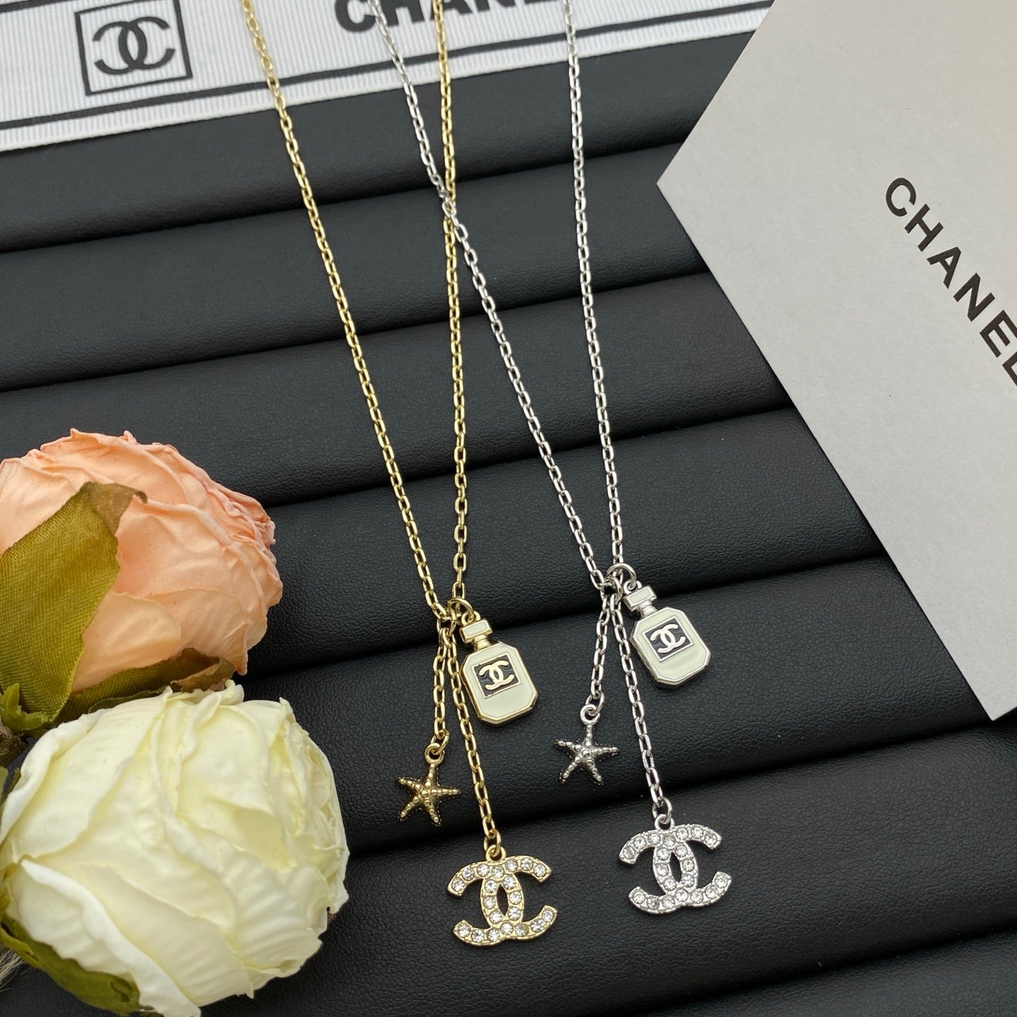 Crystal CC Perfume Bottle & Starfish Charm Necklace