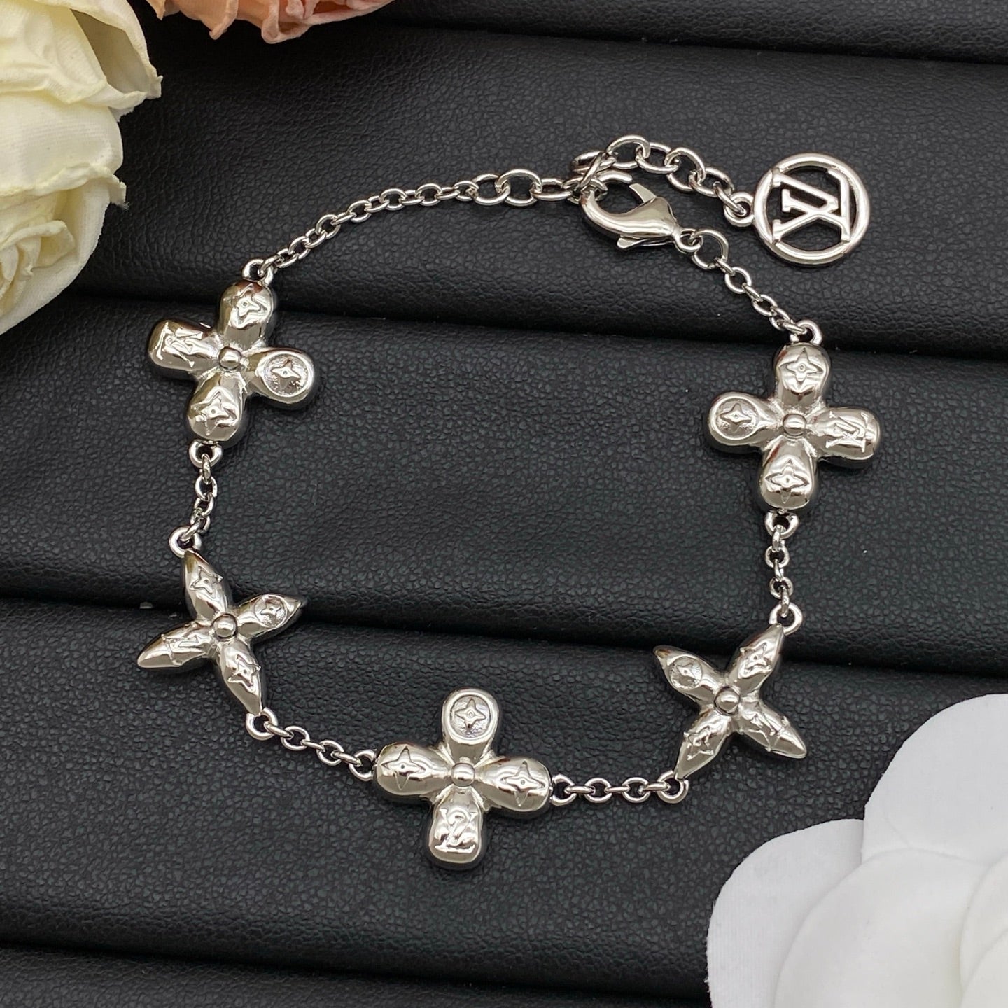 Embossed Four-Petal Flower Station Necklace & Bracelet Set