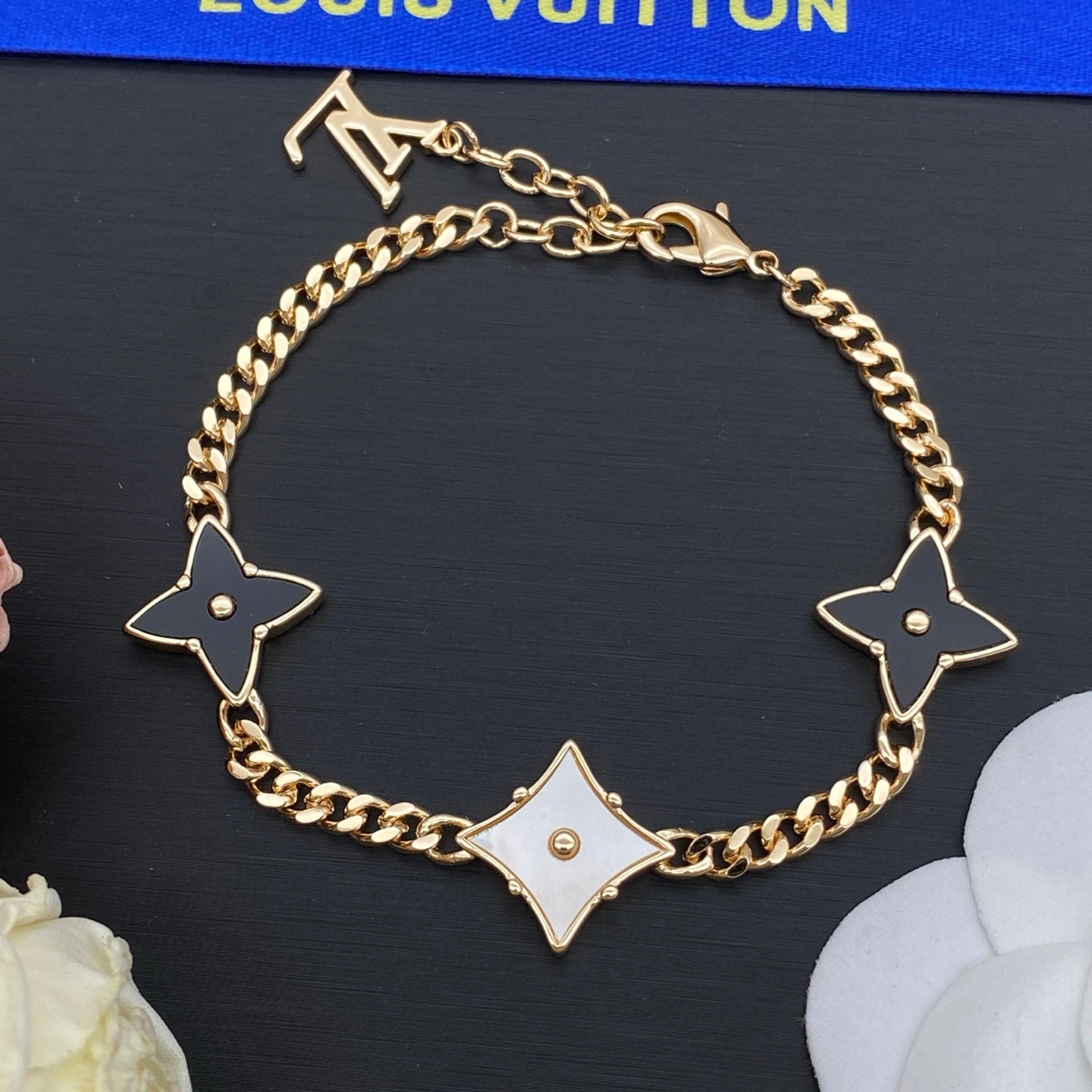 Black & White Enamel Star Flower Cuban Chain Necklace & Bracelet Set