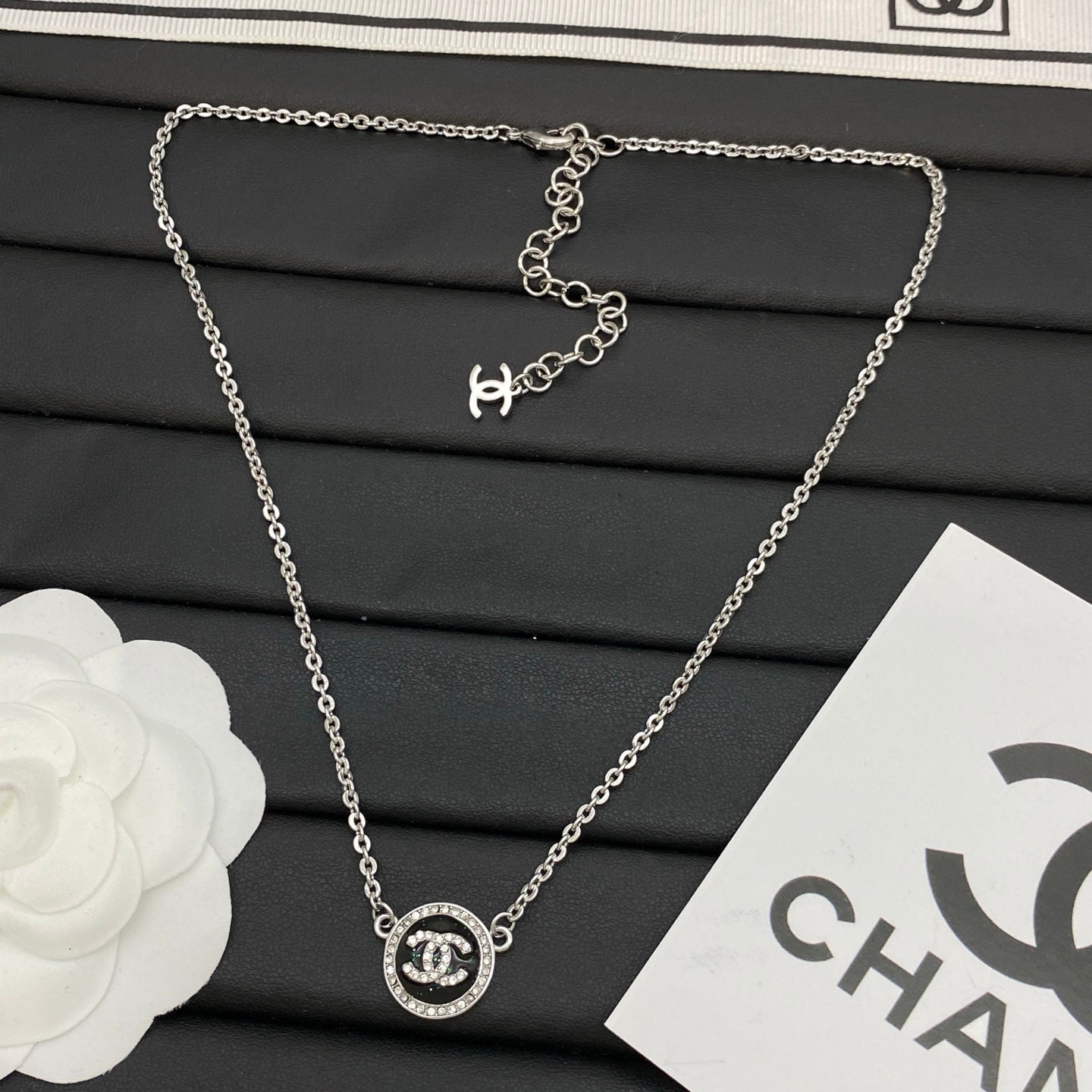 Black Enamel Circle Logo Pendant Necklace | Crystal Pavé Halo | Dainty Rolo Chain | Gold & Silver Tone