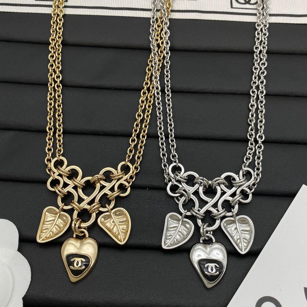 Double Chain Leaf & Heart Charm Necklace | Logo Heart Drop | Chunky Link Center | Gold & Silver Tone