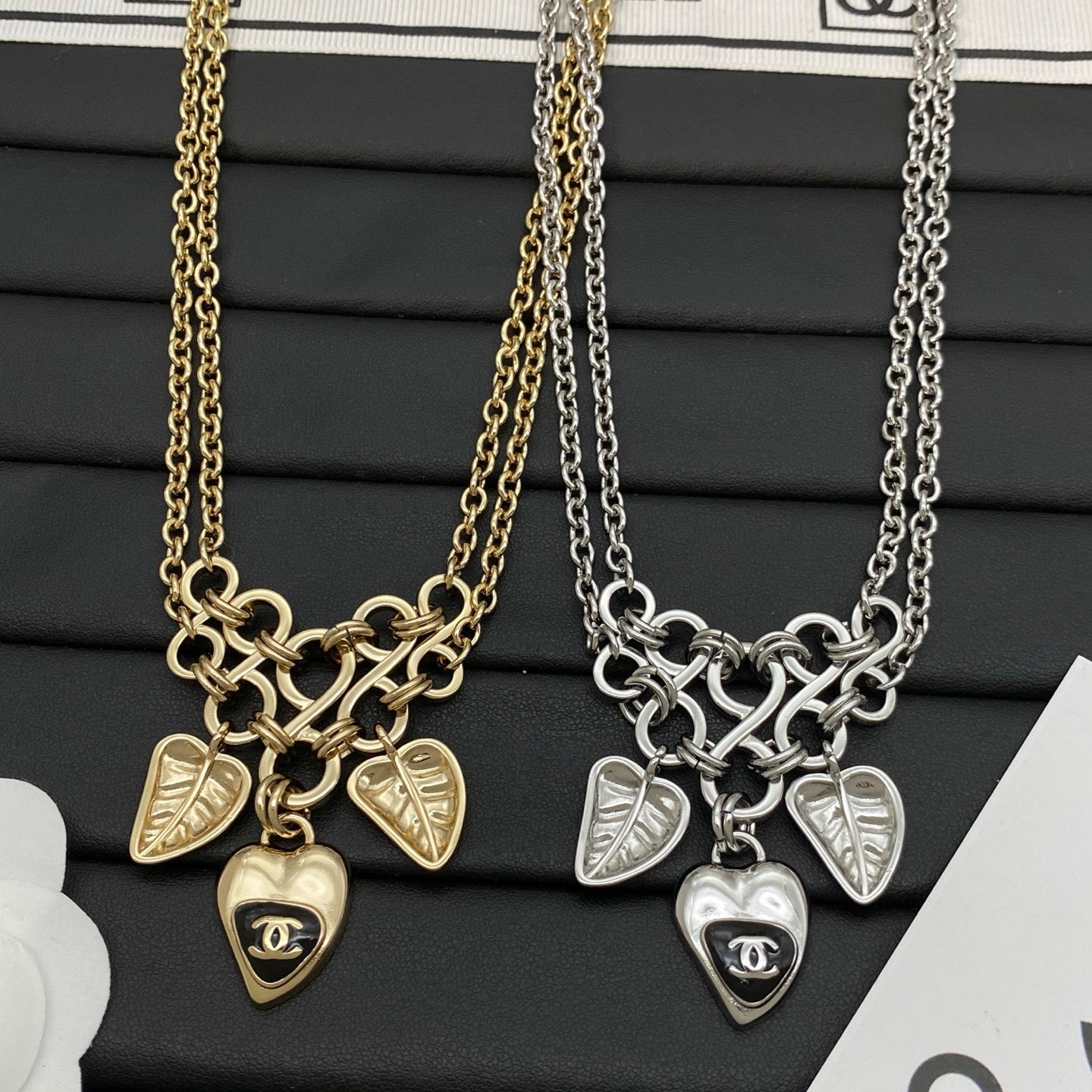 Double Chain Leaf & Heart Charm Necklace | Logo Heart Drop | Chunky Link Center | Gold & Silver Tone