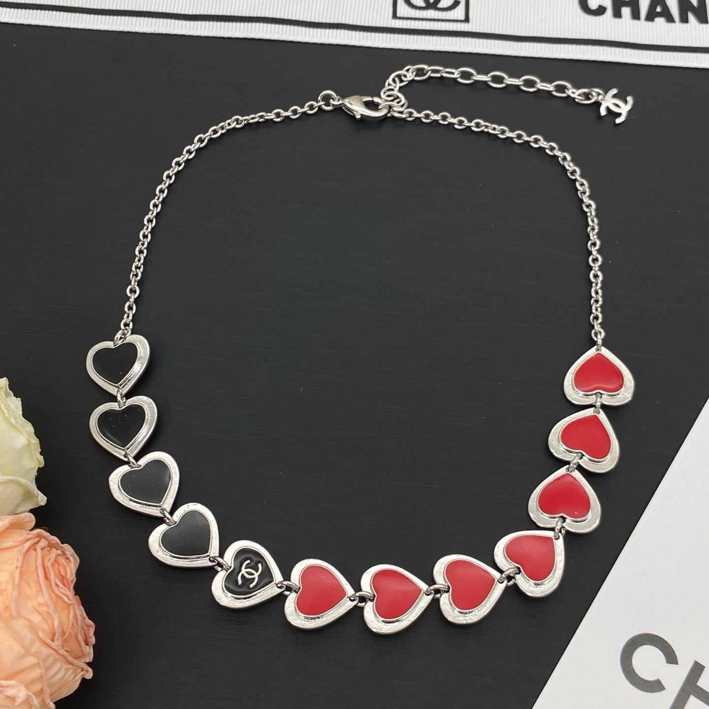 Red Enamel Heart Link Chain Necklace