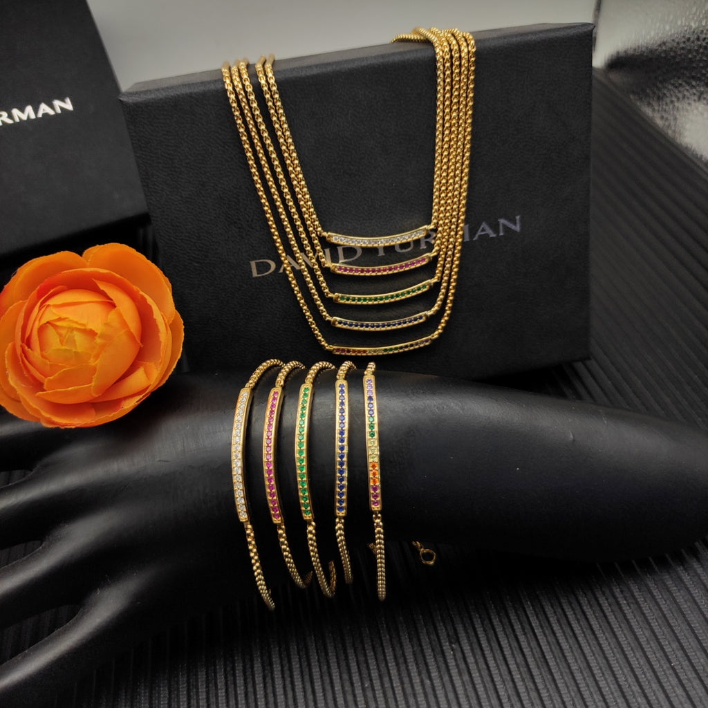 Multi-Color CZ Bar Pendant Necklace & Bracelet Set