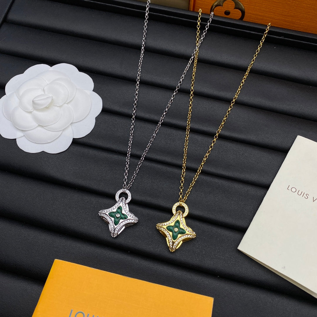 Malachite Green Enamel Four-Point Star Pavé Pendant Cable Chain Necklace