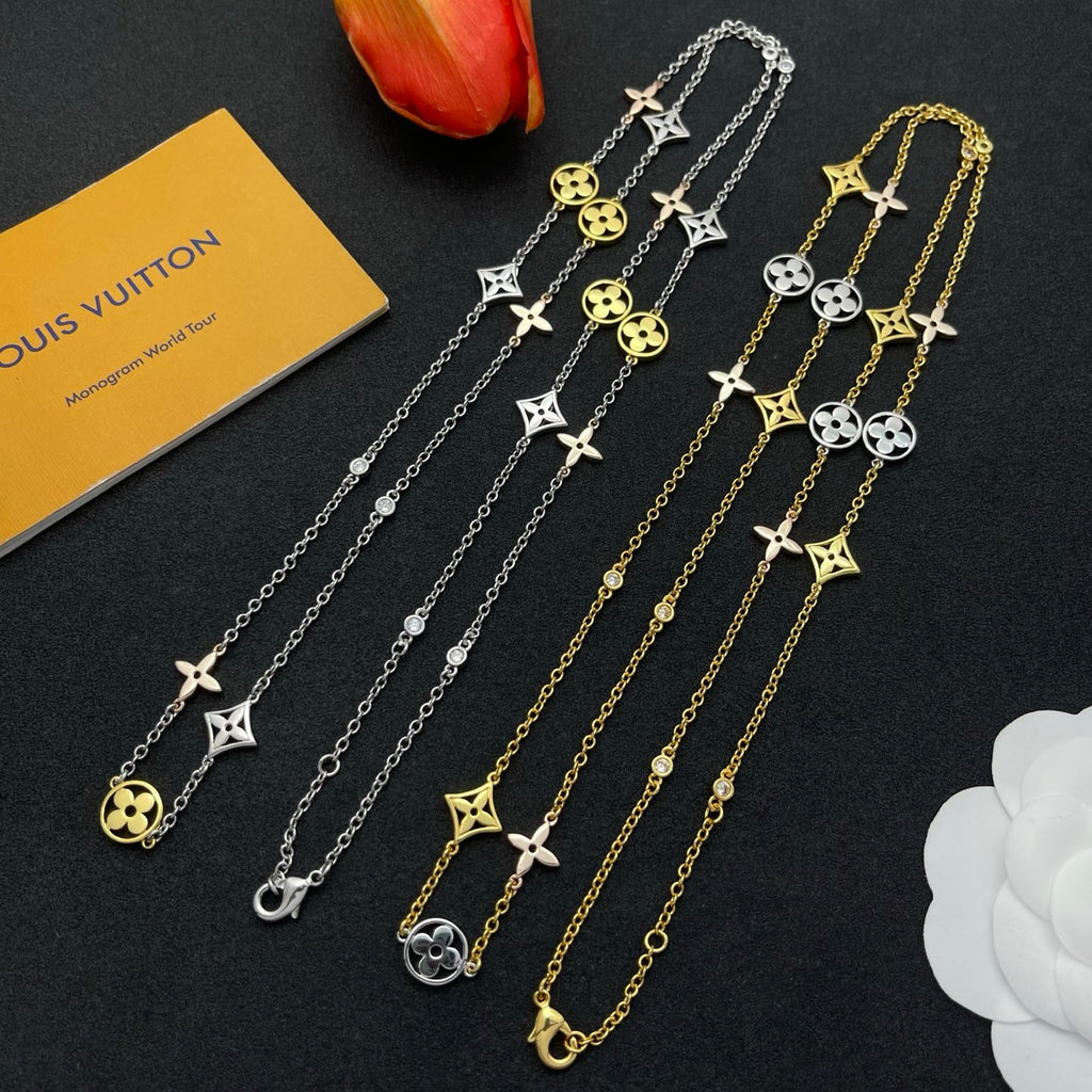 Two-Tone Floral & Star Charm Long Station Necklace