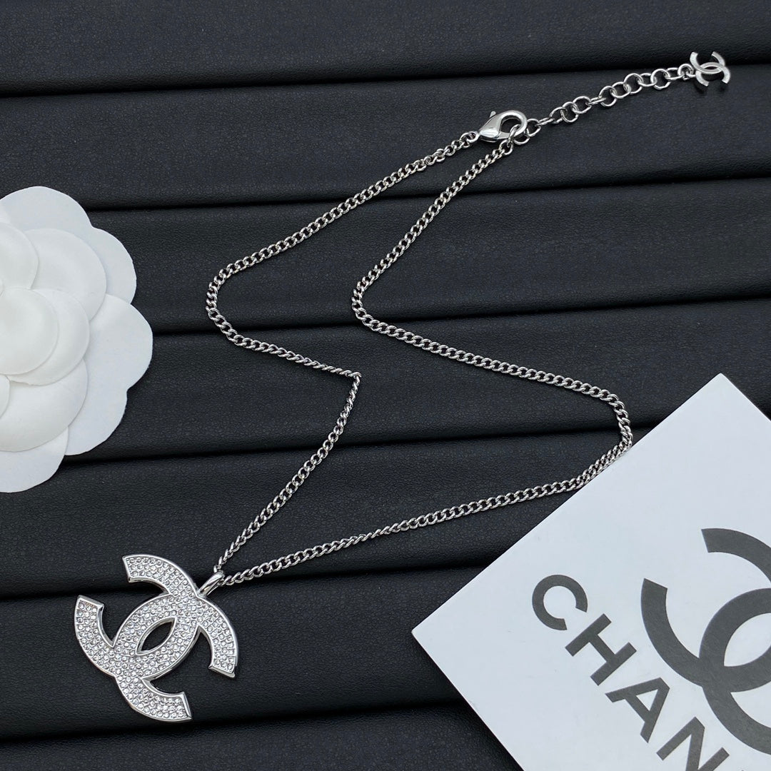Oversized Full Pavé CC Logo Pendant Long Curb Chain Necklace – Gold & Silver