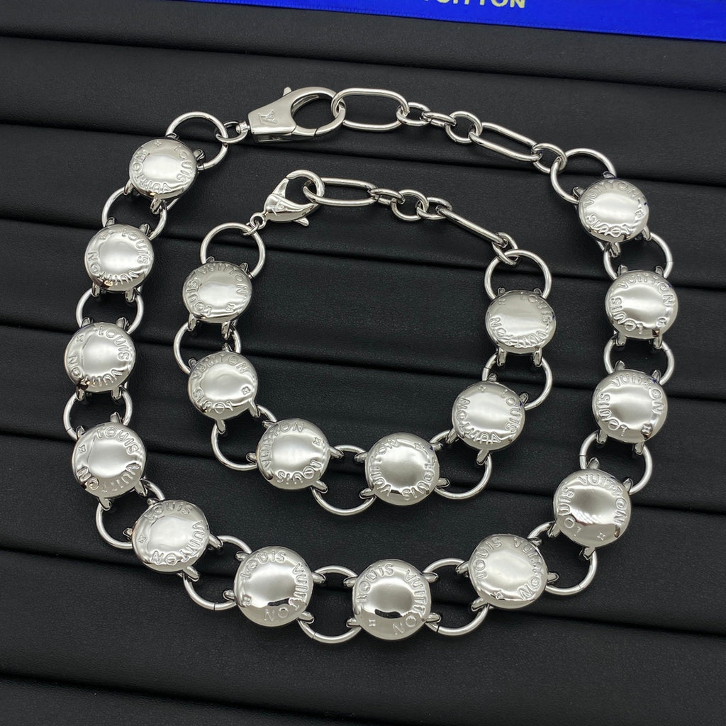 Engraved Coin Disc & Round Link Chain Necklace & Bracelet Set