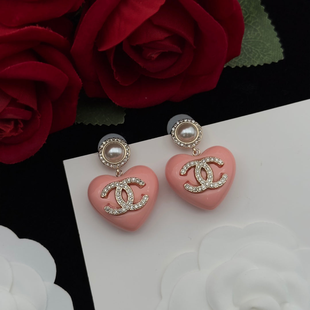 Pink Heart & Pearl Beaded Necklace and Drop Earring Set