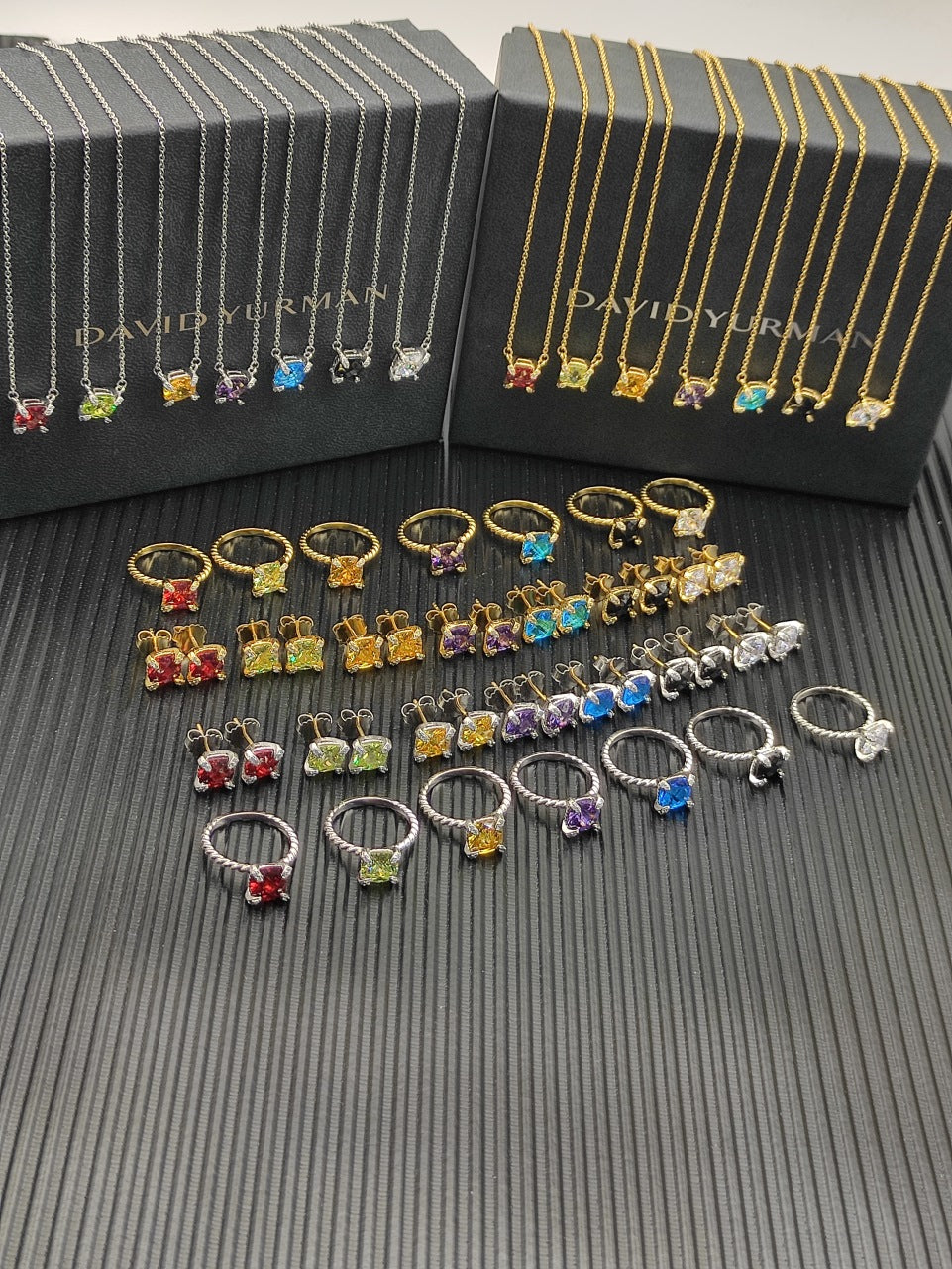 Multi-Color Crystal Cushion Prong-Set Pendant Set
