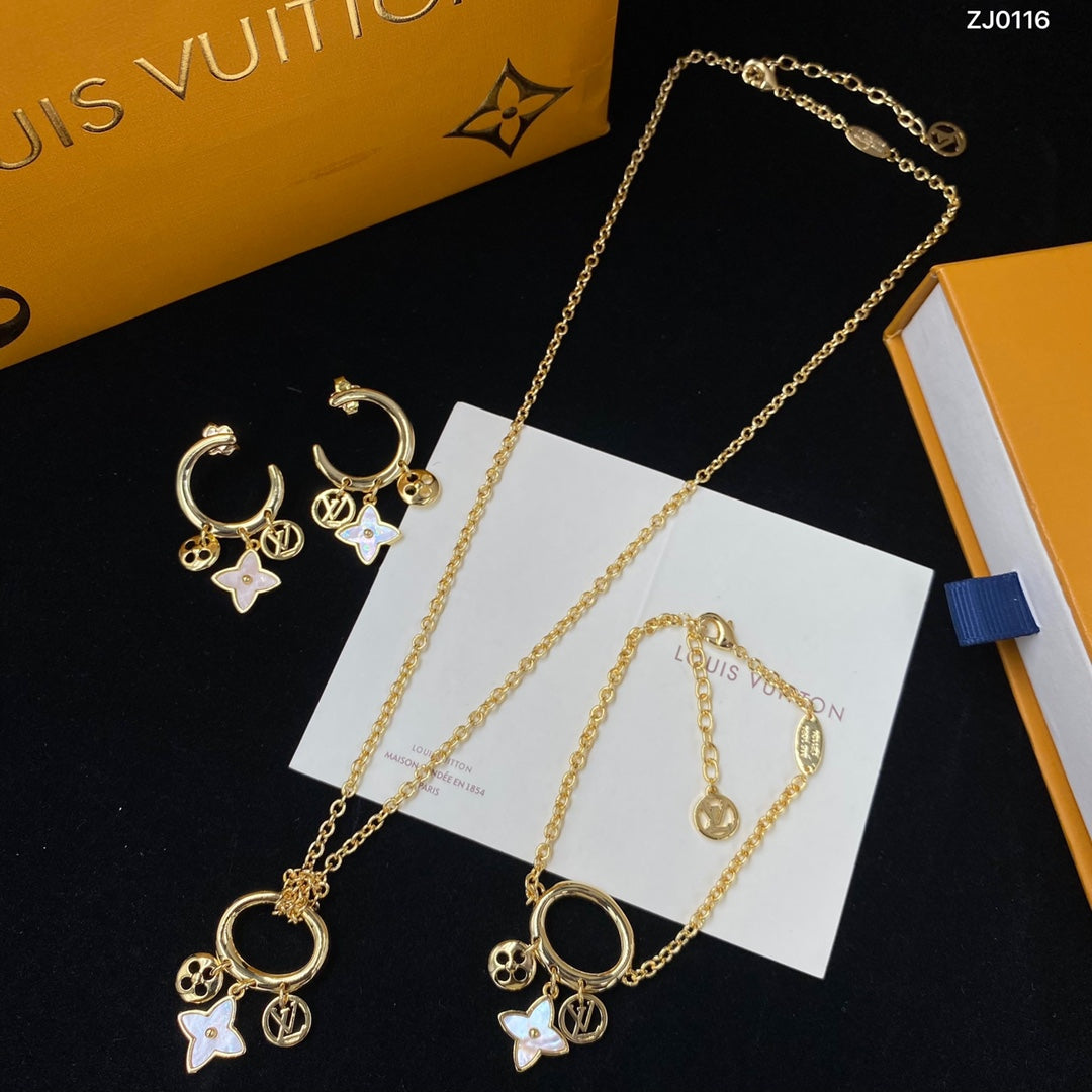 Gold-Tone Circle Ring Multi-Charm Jewelry Set – Shell Flower, Logo & Letter Pendant Necklace, Bracelet & Hoop Earrings