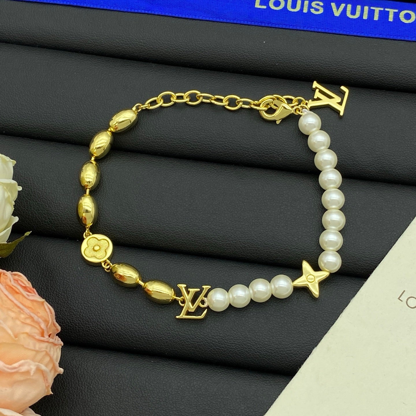 Faux Pearl & Oval Bead Star Flower Charm Necklace & Bracelet Set