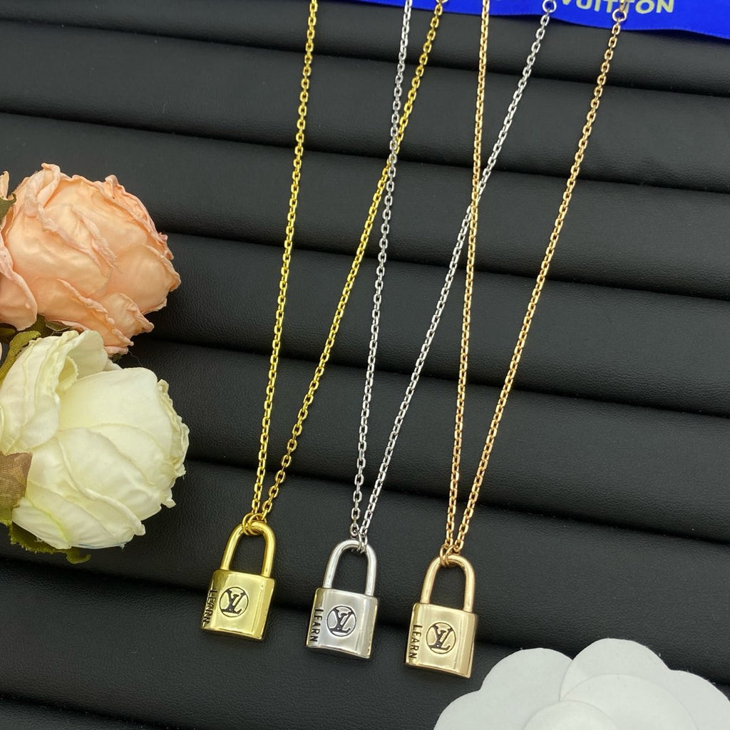 Engraved Padlock Pendant Cable Chain Necklace