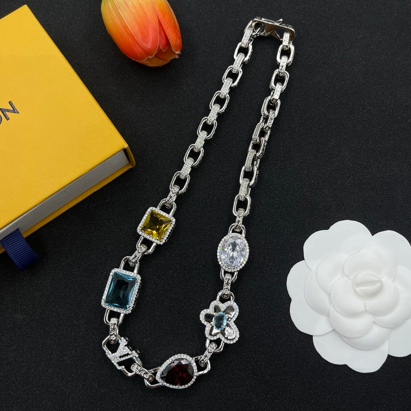 Multicolor Gemstone Pavé Link Necklace & Bracelet Set