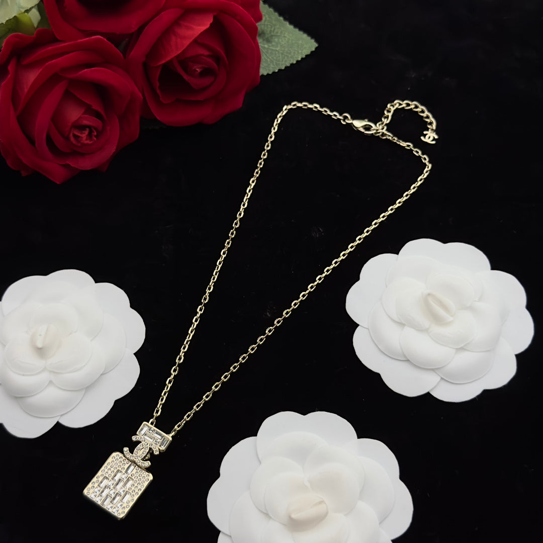 Crystal Perfume Bottle Rectangle Pendant Necklace