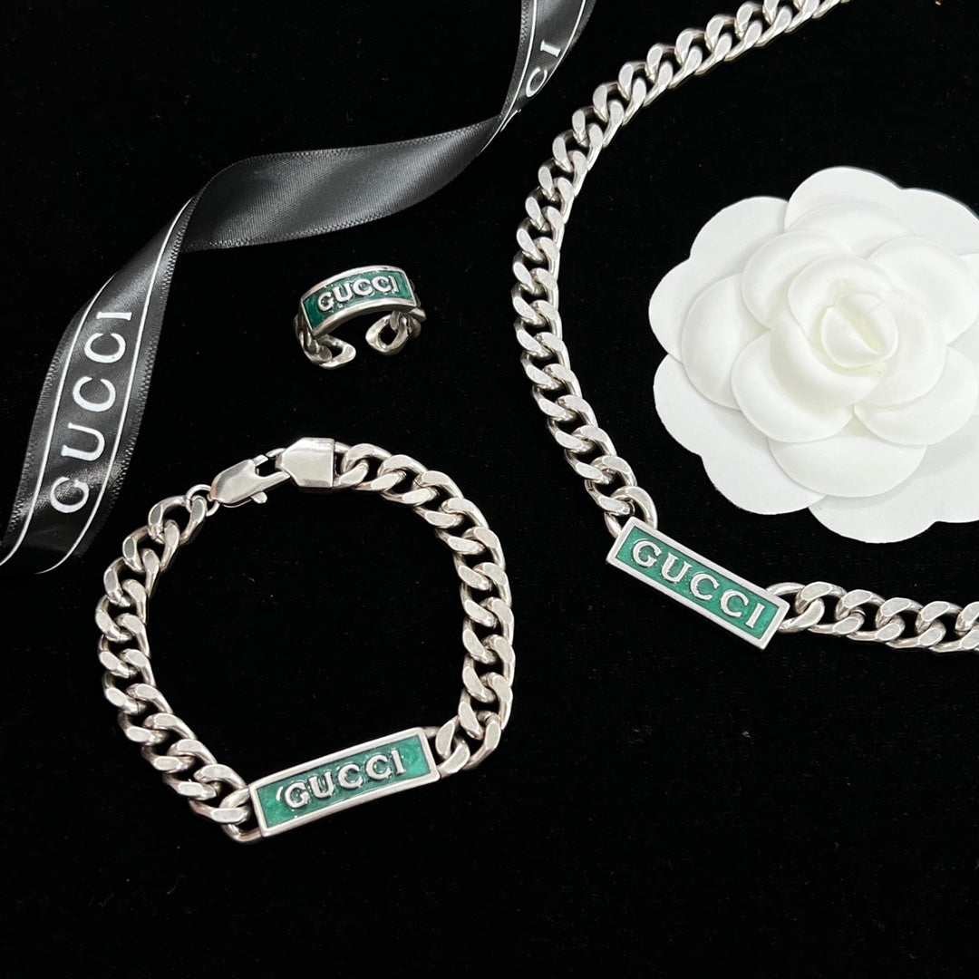 Green Enamel Logo Bar Cuban Chain Jewelry Set