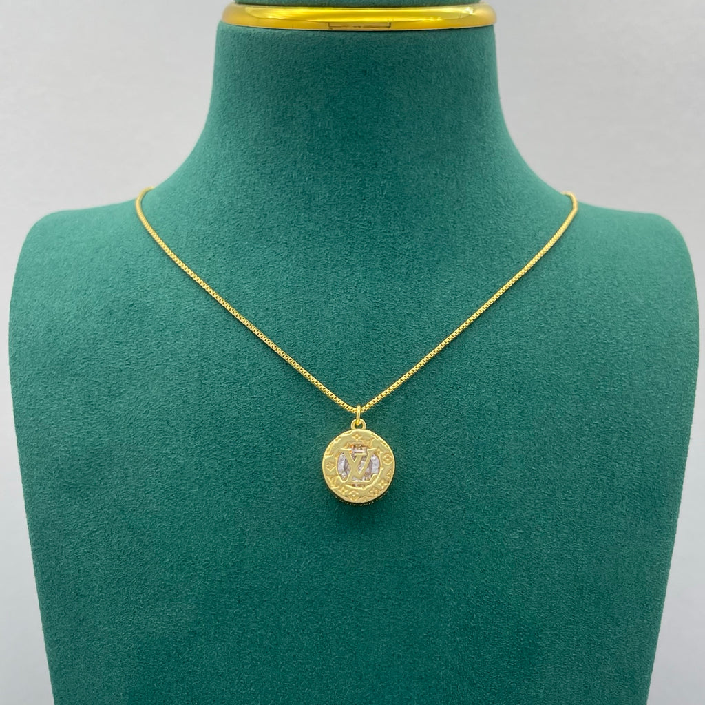 Vintage Embossed Monogram Medallion Necklace & Earring Set