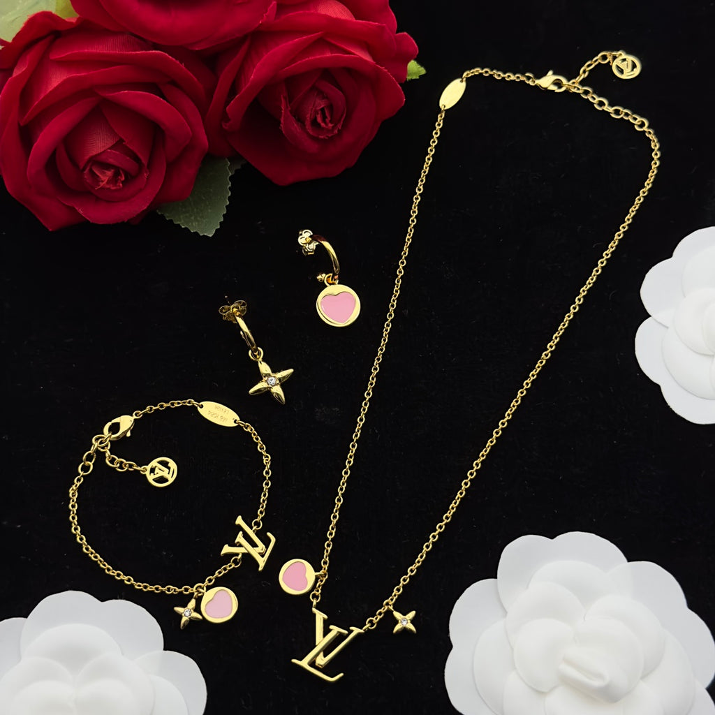 Pink Enamel Circle & Star Crystal Charm 4-Piece Set
