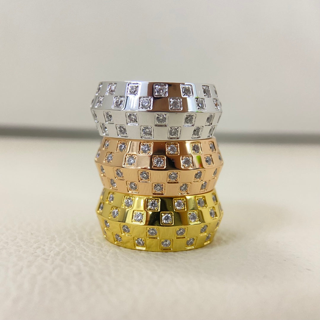 Wide Band Diamond-Studded Chessboard Pattern Ring